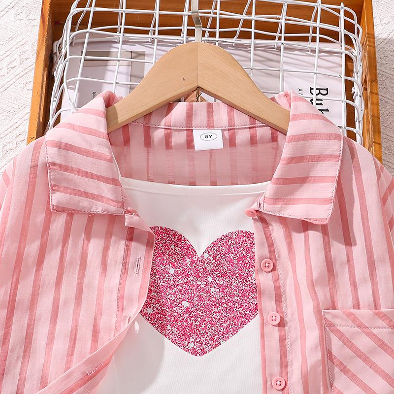 Повседневный костюм для девочек, летняя детская рубашка с длинными рукавами и защитой от солнца, жилет, шорты, костюм-тройка