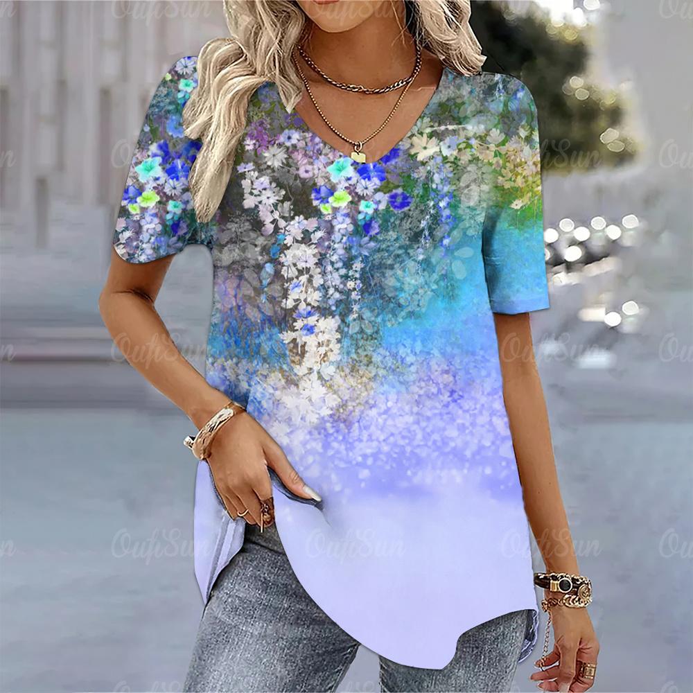 Винтажная футболка с 3D-цветочным принтом для женщин, женская одежда, свободная блузка с V-образным вырезом, повседневные шорты Harajuku для женщин, топы с рукавами