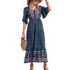 Boho Floral Print Maxi Dresses for Women,Long Sleeve Beach Dress with Belt,Vintage Summer Dress with Pockets