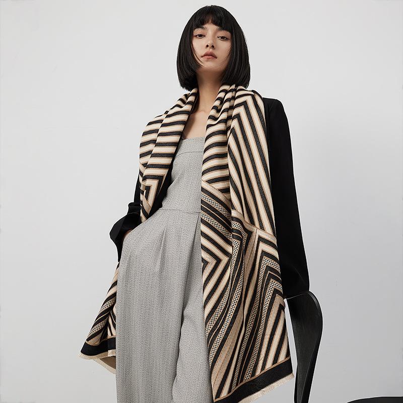 Striped Imitation Cashmere Double-Sided Scarf Simple Fashion Color Matching Warm Shawl Thickened Fringed Scarf Women