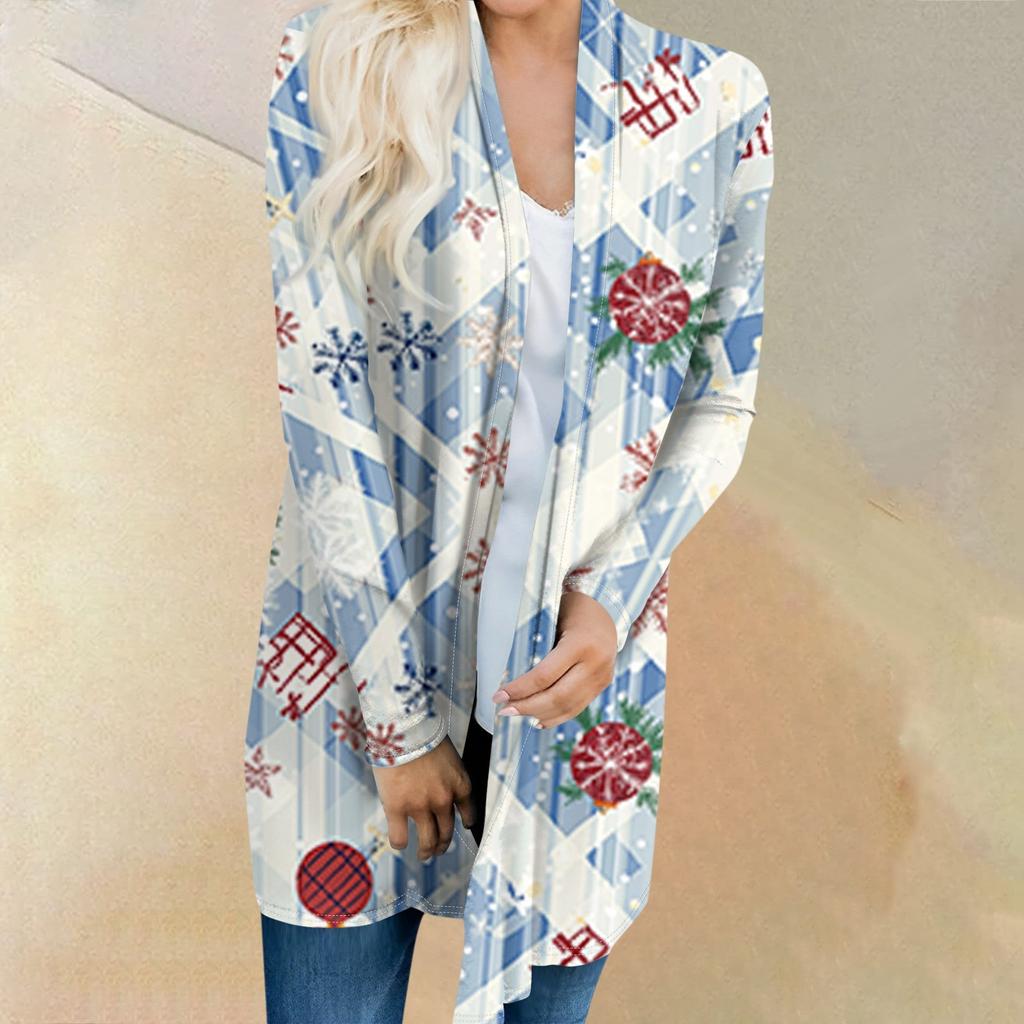 Женская мода повседневная куртка-кардиган средней длины с принтом рождественской елки