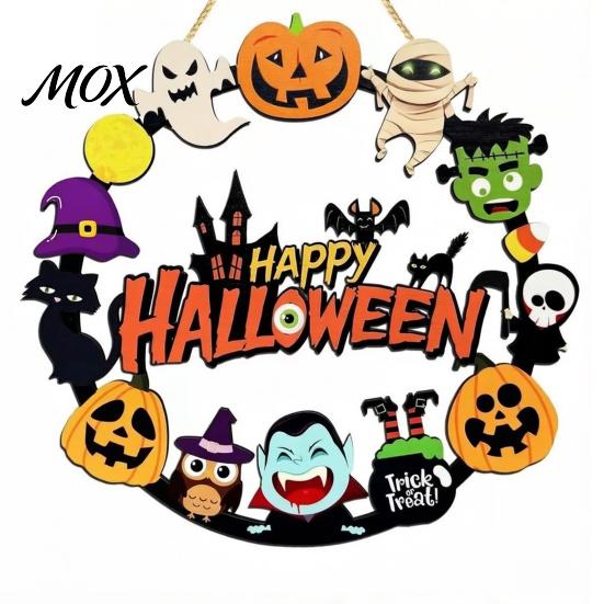 Scary Party Supplies Halloween Wooden Wreath Door Hanger Sign, Pumpkin Ghost Black Cat Witch Rustic Wall Art Bat Patterns, Hanging Plaque for