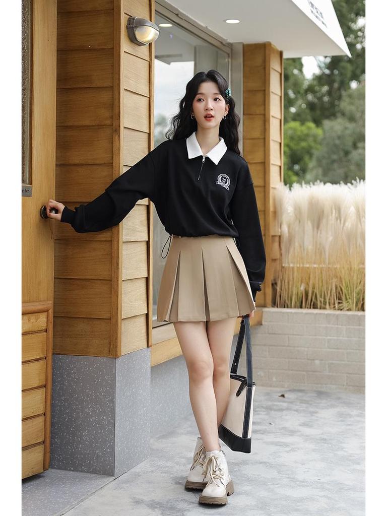 Женский пуловер с вышивкой в стиле ретро, с поло-воротником и застежкой-молнией до половины - Длинный рукав, Весна/Осень 2025