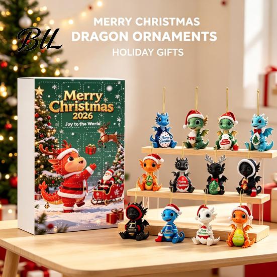 24 Days Surprise Ornaments 2026 Dragon Advent Calendar, Funny Baby Figures Christmas Countdown Holiday Gift Box 2D Acrylic Cartoon for Xmas Tree, Home
