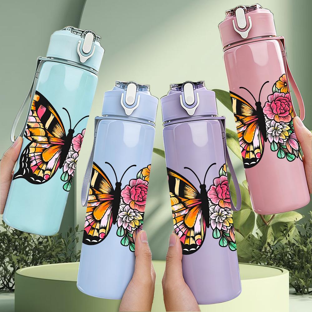 1PC Mixed Floral Wing Butterfly 750ml Color Plastic Sports Water Bottle Leakproof Flip Straw Lid Suitable for Sports Office Home Use