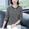 Large Size Loose Cotton Long Sleeve T-shirt Women's Middle-aged and Elderly Clothes Autumn Clothes Striped Base Layer Shirts