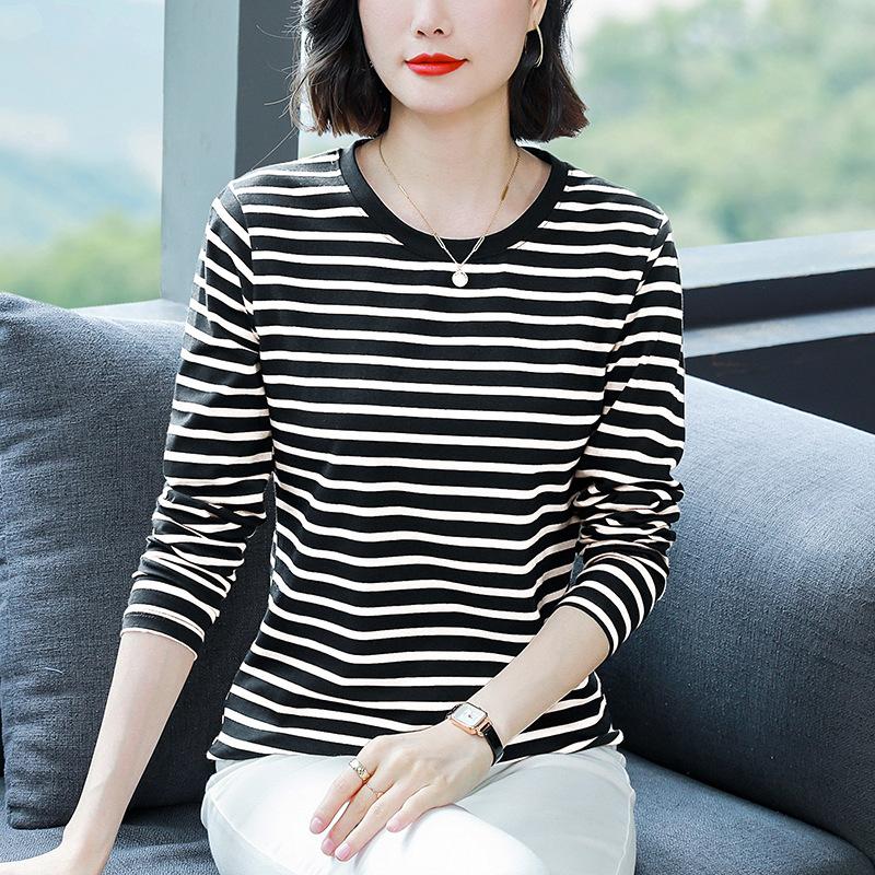 Large Size Loose Cotton Long Sleeve T-shirt Women's Middle-aged and Elderly Clothes Autumn Clothes Striped Base Layer Shirts