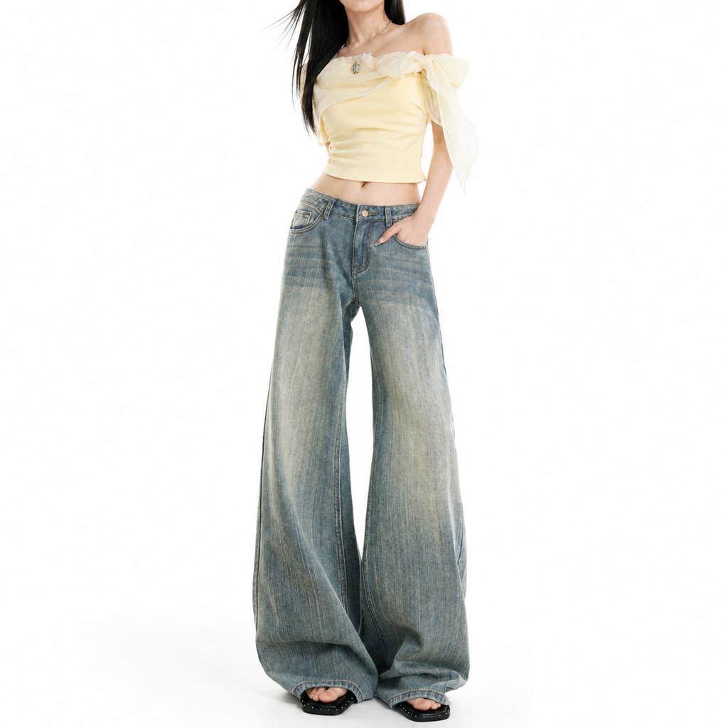 American retro bamboo pattern old micro-pull jeans women do not stick to the legs low waist loose horn pants
