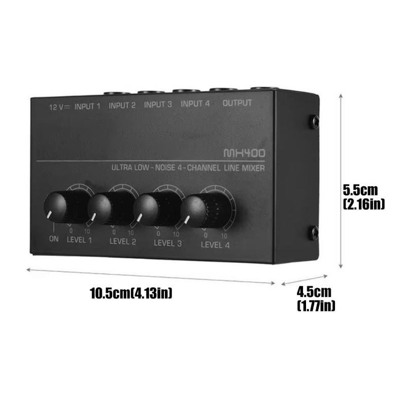 Микшер MX400, 4-канальный, слуховой, усилитель, низкий уровень шума, для микрофонов и инструментов, в металлическом корпусе