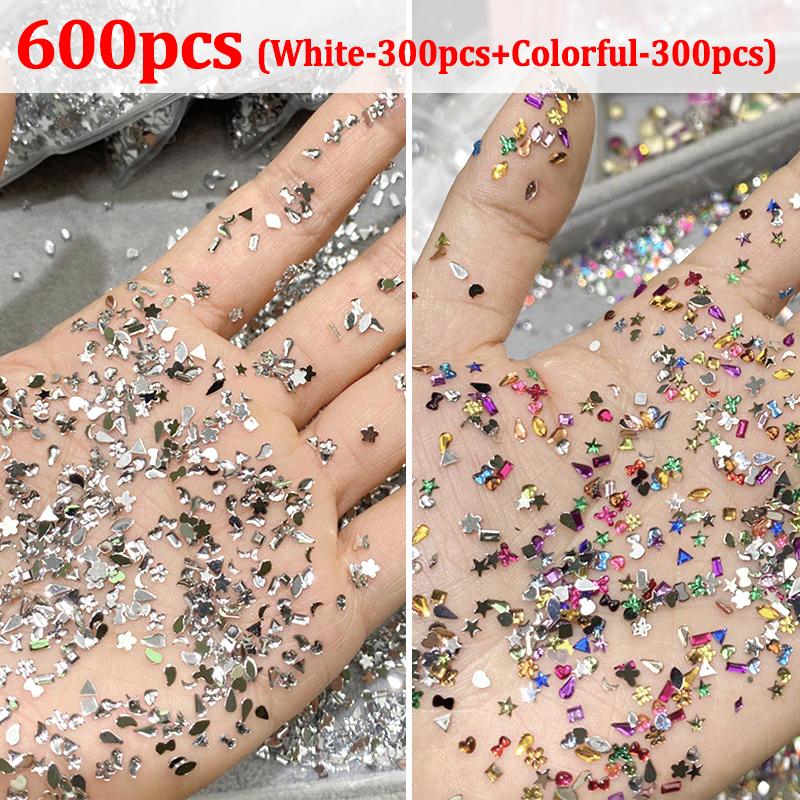 600/100pcs Mixed Shape Nail Rhinestones Mini Flat Back Crystal Stones 3D Nail Art Accessories DIY Design Manicure Decoration
