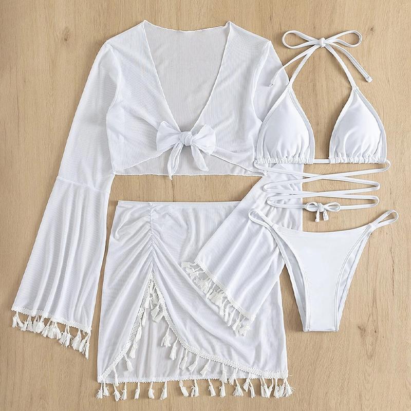 New Women's Split Four Piece Bikini Swimsuit Sexy Solid Lace Up Bikini Elegant Tassel Long Sleeve Fresh Beach Bikini