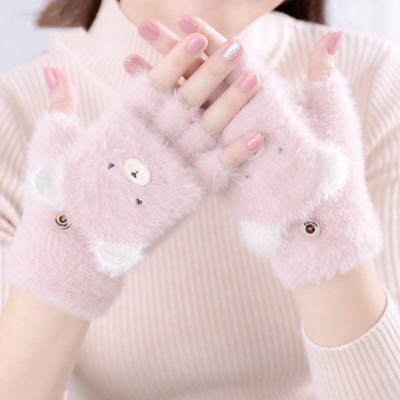 Cashmere Women's Fashion Gloves Flip Thickened Finger Leakage Cold Proof Cartoon Bear Autumn and Winter Warm Gloves