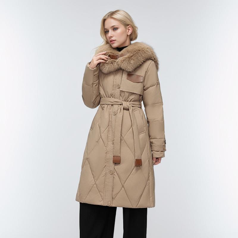 Европейская и американская одежда из хлопка-пуховика, женская, средняя и длинная, с большим меховым воротником, приталенная, зимняя куртка
