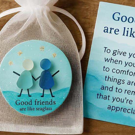 Friendship Sea Glass Christmas Ornament Inspirational Card with Acrylic Charm In Mesh Bag Meaningful
