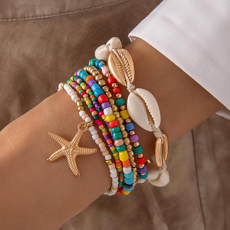 7PCS Boho Fashion Shell Color Beads Bracelet Set Jewelry for Women Girls Beach Holiday Handmade Bijoux