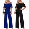 Women Jumpsuit Sexy Off Shoulder See-through Mesh Solid Color Strappy Summer Ladies Casual Wide Leg Pants Long Romper Overall Womenswear