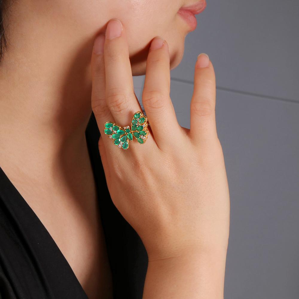 Gorgeous Butterfly Design Natural Green Agate Ring 925 Sterling Silver Luxury Ladies Jewelry Anniversary & Banquet Gift