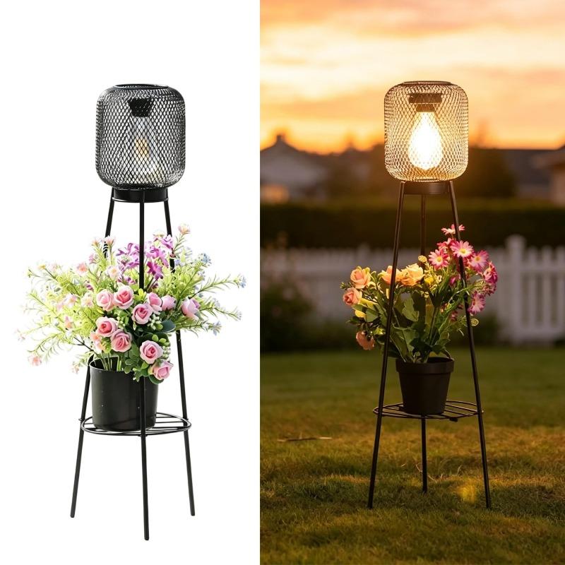 Solar Powered Black Mesh Tripod Flower Pot Light, Waterproof Solar Lamp for Garden Balcony, Landscape Ornament for Yard Patio Home Decoration