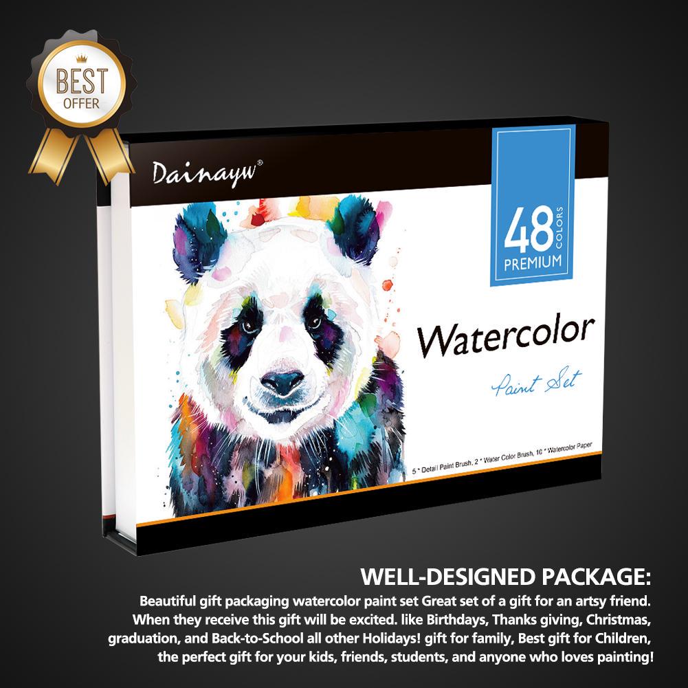 48 Набор акварельных красок премиум-класса, с акварельной бумагой, водяными кистями, кистью для рисования деталей, блестками