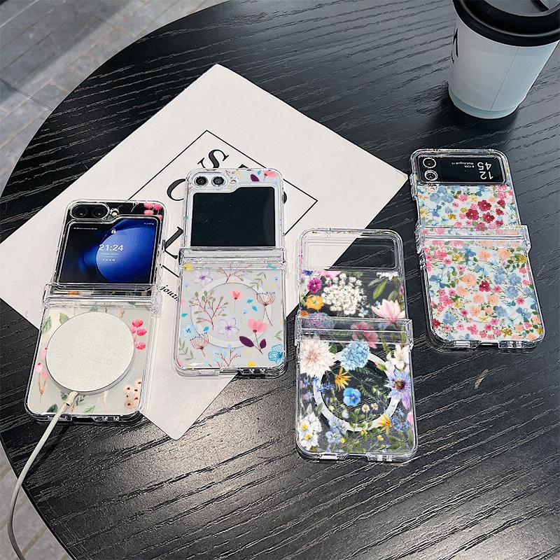 3шт складной противоударный чехол для Samsung Z Flip6 Flip5 Flip4 для Magsafe магнитный красивый цветочный узор прозрачный жесткий тонкий чехол для ПК