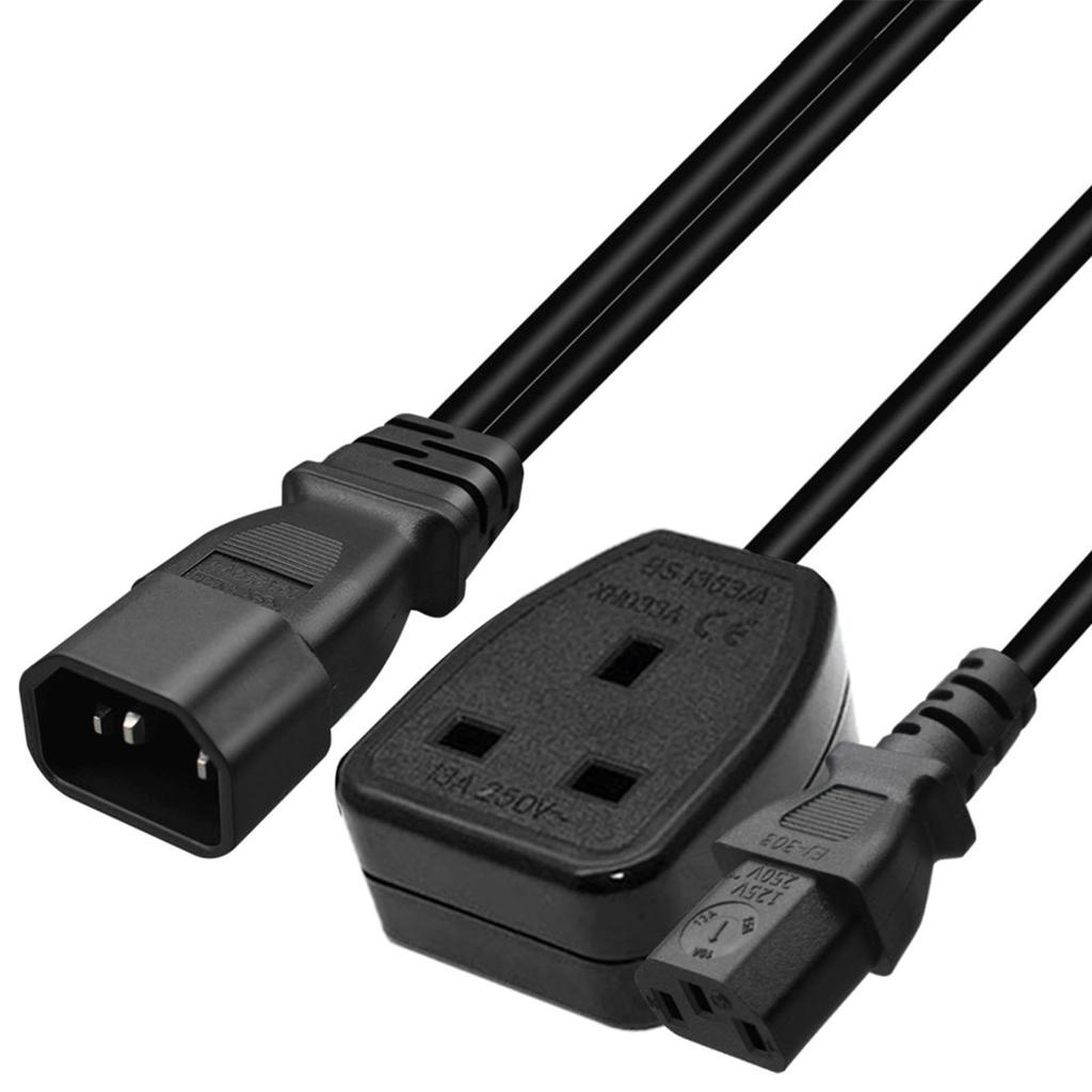 IEC320 C14 To IEC320 C13+UK13A AC-Power Adapter Cable, 3 Terminals Male To Female Power Connector Cord Wire
