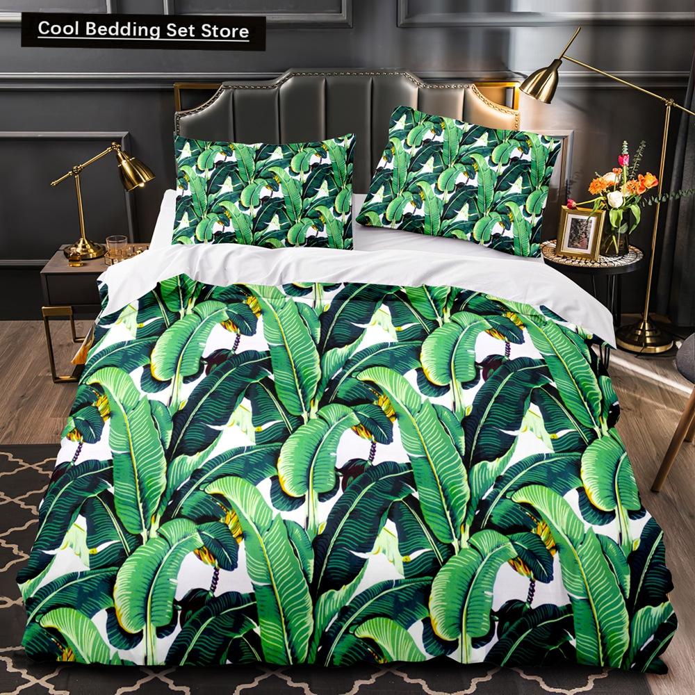 Тропические растения Цветочный пододеяльник King Queen Комплект постельного белья с зелеными пальмовыми листьями Кремовые цветы 2/3 шт. Полиэстеровый пододеяльник