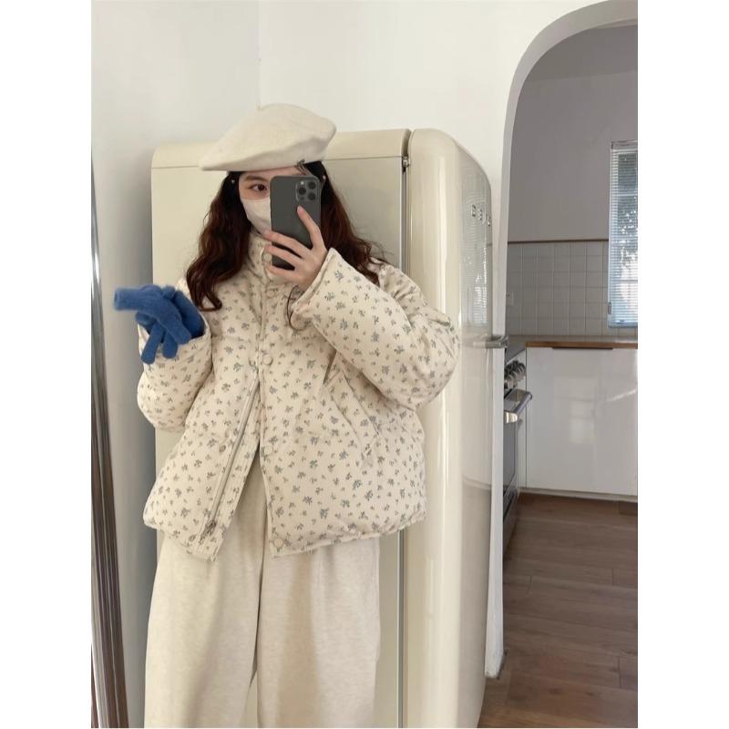 Circle Shaped Cooky Sweet Milk Fur Korean Style Small Floral Stand Up Collar Short Down Jacket Loose Bread Jacket for Women