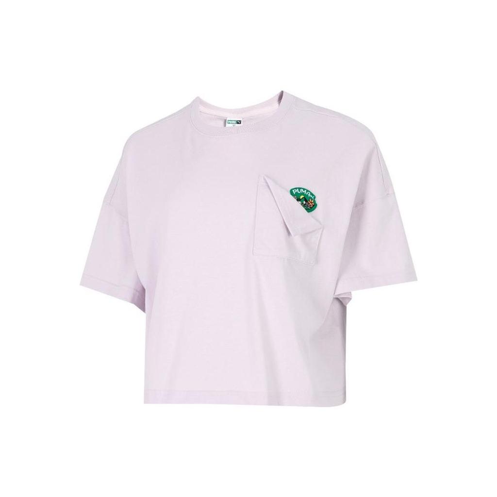 Puma Glamping Ss Crop Tee Casual Sports Solid Color Embroidered Logo Round Neck Short Sleeve T-Shirt Women Tops Light-Purple 536880-17