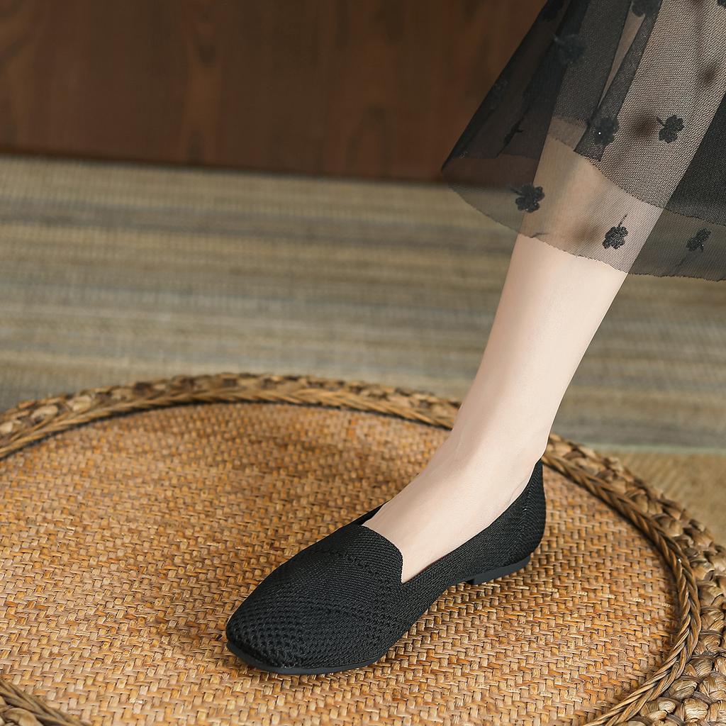 Shoes Single Shoes Women'S Deep Mouth Flying Shoes Woven Shoes Square Head Flat Bottom Knitted Large Size Egg Roll Shoes