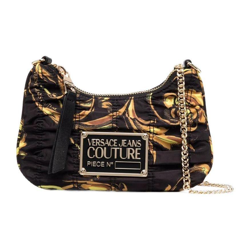 Versace Jeans Couture Fashion Pleated Gold Logo Chain Strap Nylon Half Moon Crossbody Shoulder Bag Women bags Black 72VA4BX8-ZS226-G89