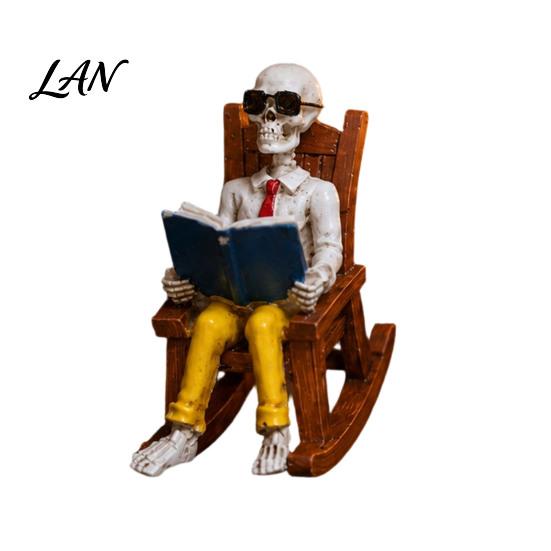 Artistic Skeleton Figurine Set Halloween Figurine, Resin Sitting on Rocking Chair Statue, Drinking Lifelike Statue Coffee Crocheting Reading Tabletop