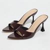 Fashion Coffee Color Pointed Toe Patent Leather Slippers Women Summer Sexy Open Toe Thin Heel Slide Sandals Elegant Banquet Dress Shoes