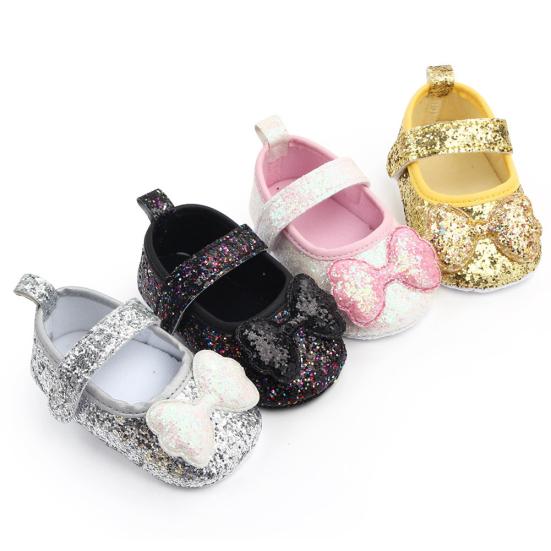 DYS однотонные противоскользящие туфли на плоской подошве с блестками и бантом для маленьких девочек, кроссовки Prewalker