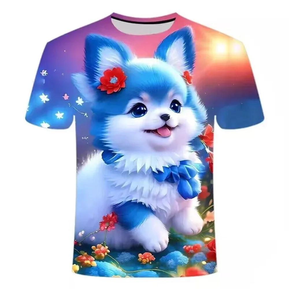 Cute Fluffy Cat Cartoon Fashion 3D Short-Sleeve T-Shirt for Kids, Beautiful Summer Girl's Versatile Colorful Top