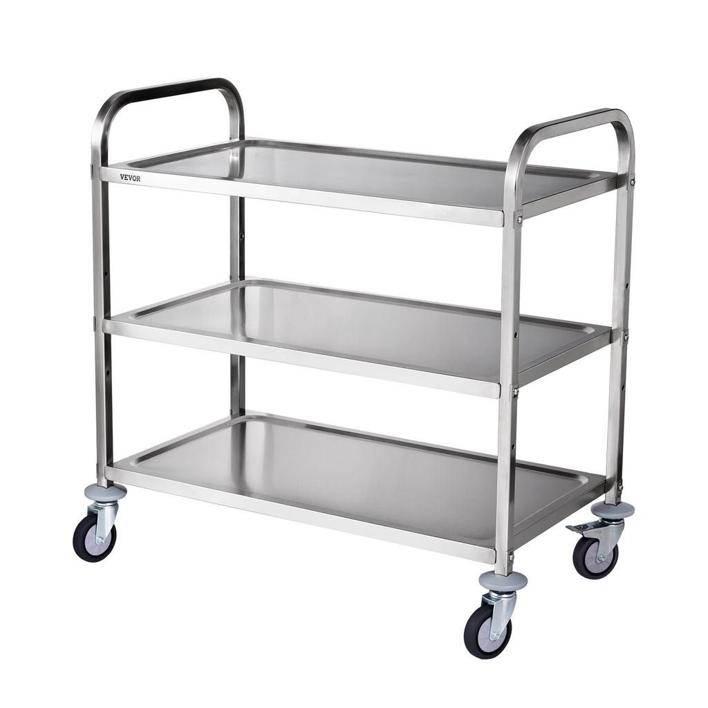 Kitchen Utility Cart, 3 Tiers, Wire Rolling Cart with 450LBS Capacity, Steel Service Cart on Wheels, Metal Storage Trolley with 80mm Basket Curved