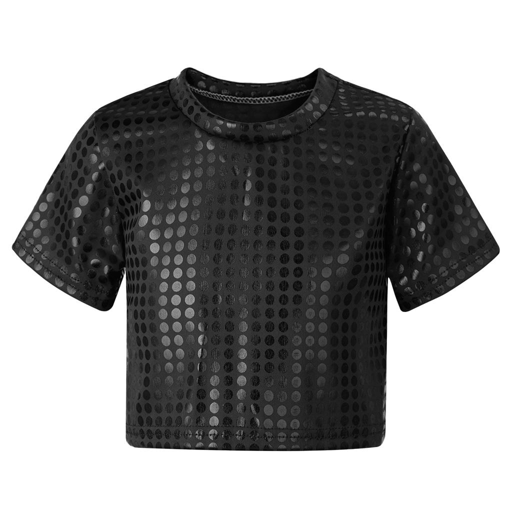 Boys Girls Sparkly Dance Crop Top Round Neck Short Sleeve Sequined Design for Performances