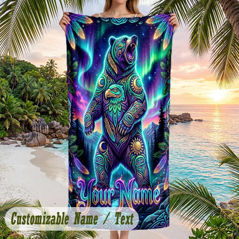 Teddy Bear Theme Beach Towel Personalized Custom Name & Text Soft Quick Dry Beach Towel for Swimming Travel