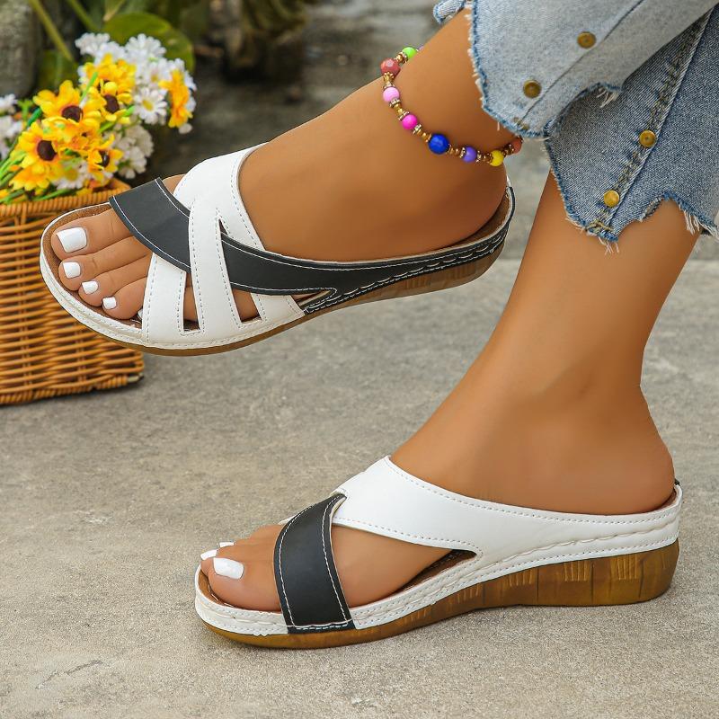 New Women's One-Strap Sandals Versatile Color-Block Fish-Mouth Thick-Soled Wedge Slippers