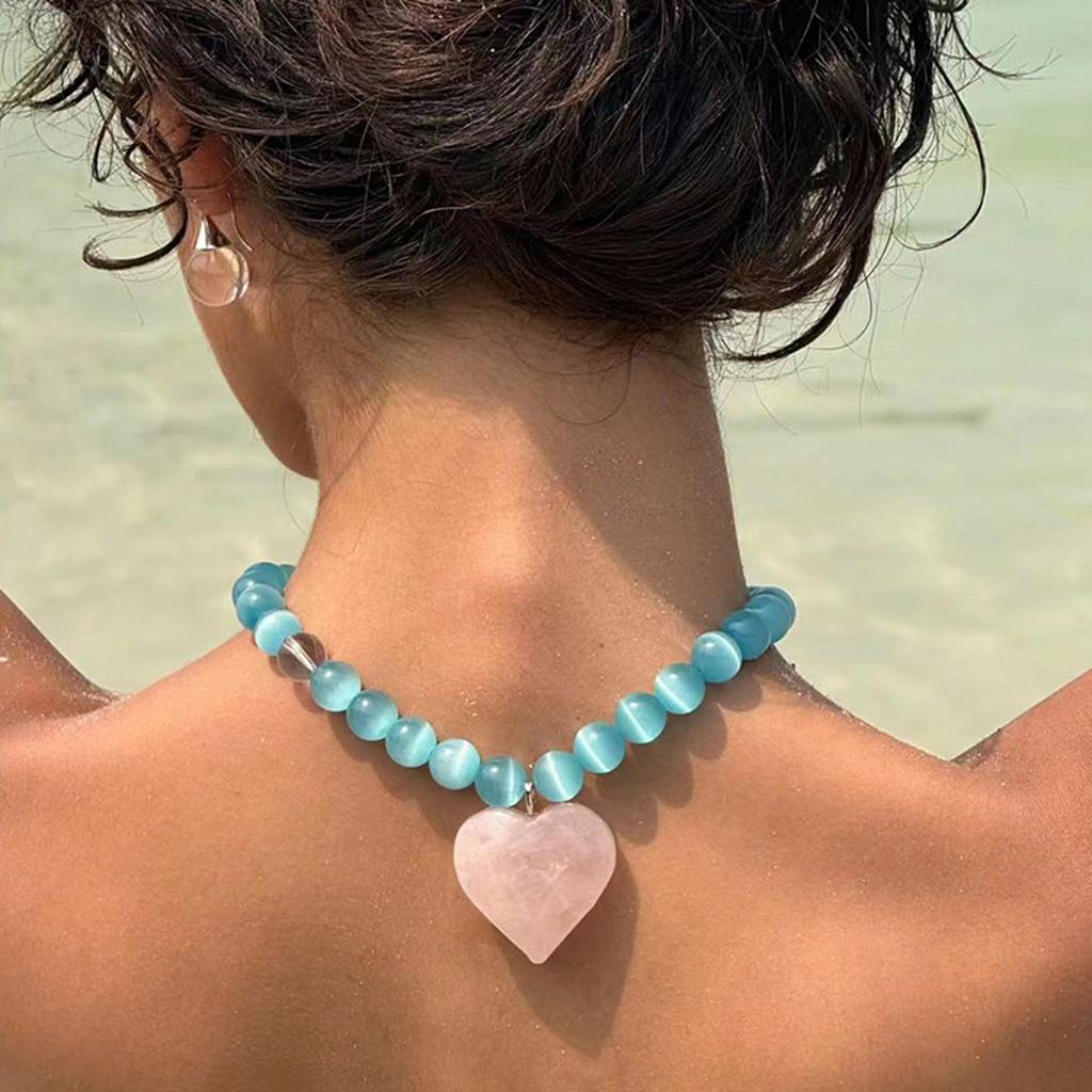 Elegant Love Heart Blue Cats Eye Stone Beaded Necklace Symbolizing Love and Tenderness for Trendy Women Casual Wear