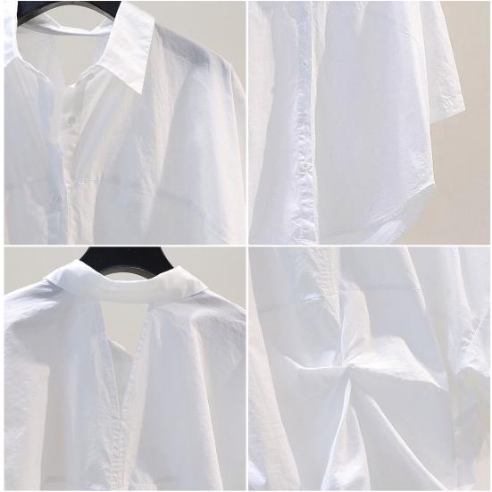 Women Summer Lapel Short Sleeve Single Breasted Shirt Loose Fit Back Hollow Knot Design Thin Shirt