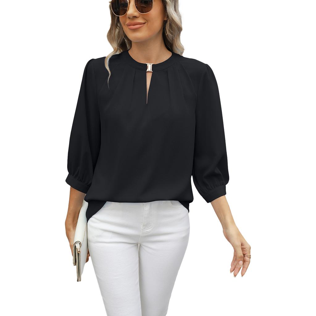 Женская весна-лето с коротким рукавом и круглым вырезом, однотонная рубашка-пуловер, блузка, топ