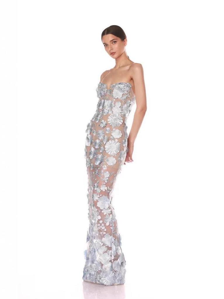 Европейский и американский дизайн Синее вечернее платье без бретелек с 3D-цветочными деталями