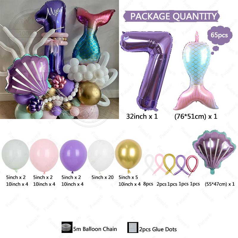 65PCS Underwater World Theme Mermaid Shell Purple Digital Aluminum Film Balloon Children's Birthday Baby Shower Decoration Ballo