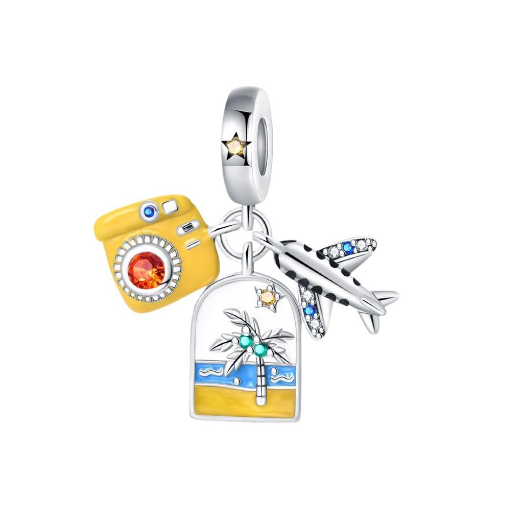 S925 Silver Travel Vacation Airplane Luggage Tag Pendant DIY  Beaded Charm Accessory