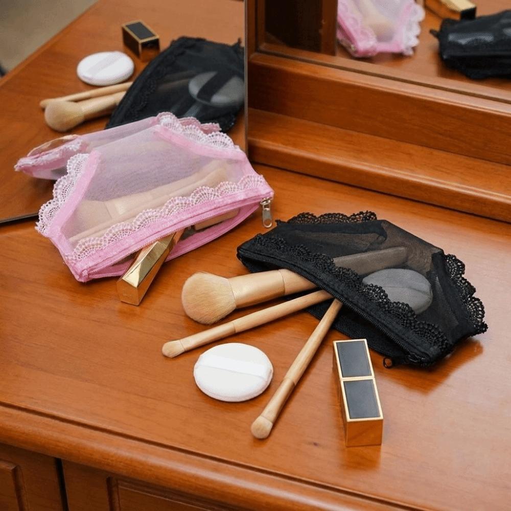 Korean Style Mesh Toiletry Bag Lace Trim Makeup Storage Pouch Jewelry Organizer for Travel