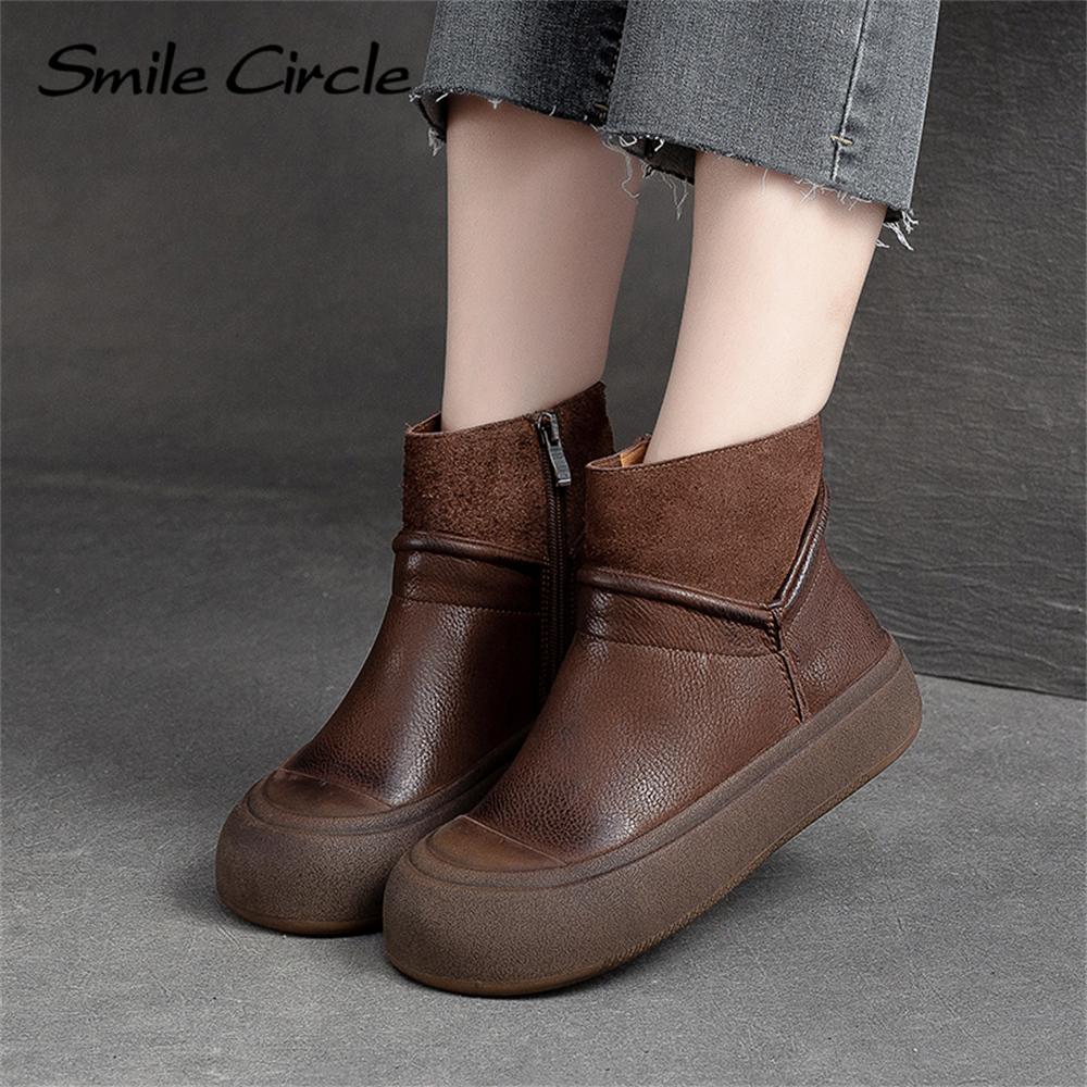 Женские ботинки из натуральной кожи, ботильоны с круглым носком и боковой молнией, модная повседневная обувь на массивном каблуке