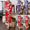 Women Dress Chinese National Style Floral Print Stand Collar Three Quarter Sleeves High Side Split Chinese Knot Buttons Cheongsam Satin Silky Slim Fit