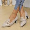 Chic Womens Houndstooth Pumps with Bow Accent - Comfortable Pointed Toe Block Heels for All-Occasion Stylish Work Wear