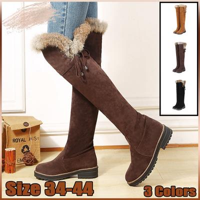 Теплые зимние сапоги женские зимние ботинки замшевые сапоги до колена женские модные низкие каблуки теплые меховые плюшевые длинные сапоги женские