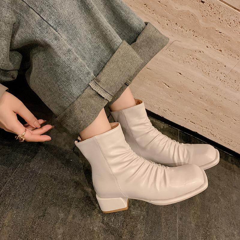 French Style Concise Pleated Ankle Boots Women Square Toe 4cm Block Middle Heels Back Zipper Casual Short Booties Female Shoes